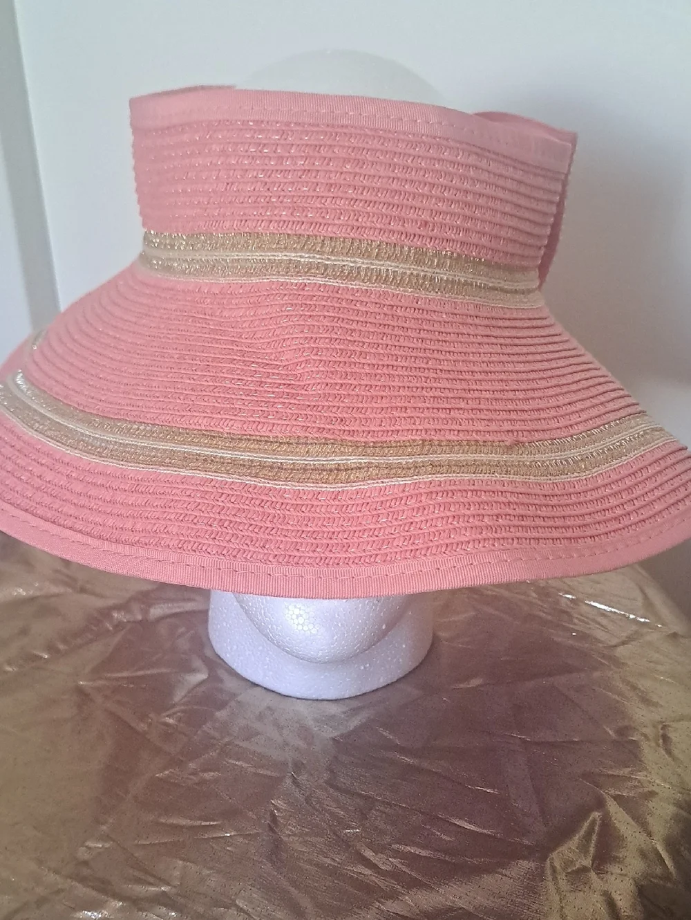 SUN 'N' SAND Pink Bow Accent Straw Visor with Gold Trim UPF 50+